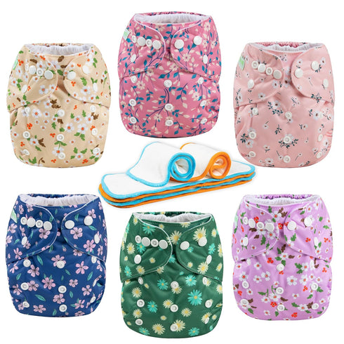 6 Pack Wegreeco Cloth Diapers with Inserts & Wet Bag, Washable Reusable Diapers for Babies, One Size Adjustable