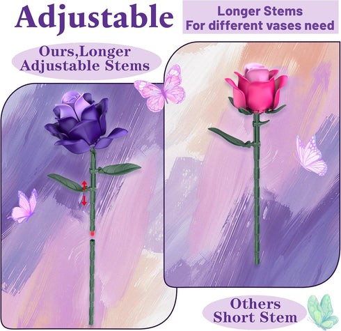 Ciesa Sets, 834PCS Purple Roses Flower Bouquet Building Artificial Flowers Botanical Collection Compatible with Lego