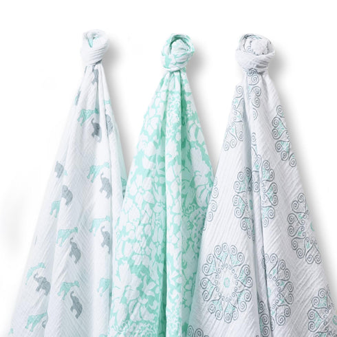 SwaddleDesigns SwaddleLite, Set of 3 Marquisette Swaddle Blankets, Premium Cotton Muslin, SeaCrystal
