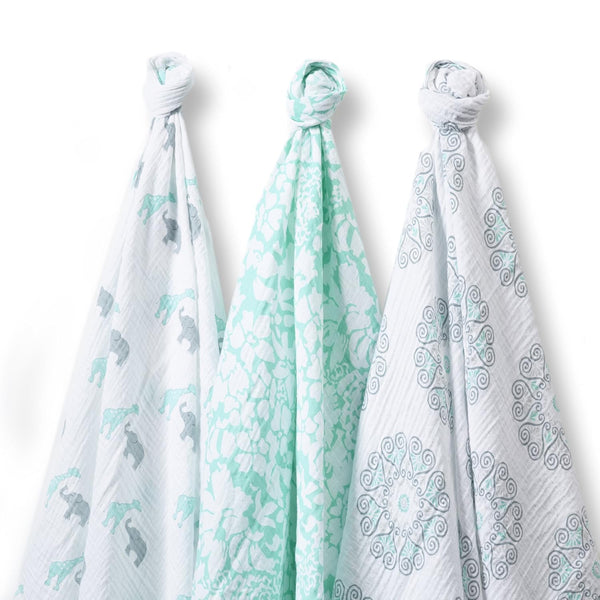 SwaddleDesigns SwaddleLite, Set of 3 Marquisette Swaddle Blankets, Premium Cotton Muslin, SeaCrystal