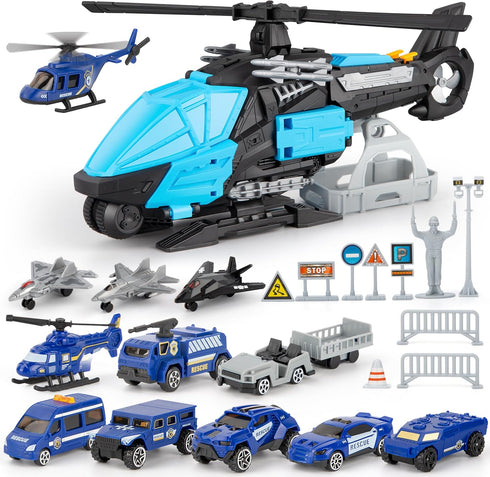 XDUOYJOY Police Helicopter Toy Playset with Vehicles, Fighter Jets, Airplane, SWAT Truck