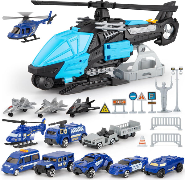 XDUOYJOY Police Helicopter Toy Playset with Vehicles, Fighter Jets, Airplane, SWAT Truck