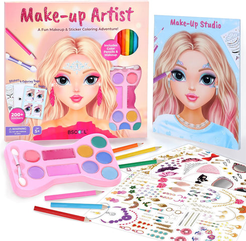 BSCOOL Make-up Artist. 3 in 1 Fun Makeup, Sticker, Coloring Kit, Includes