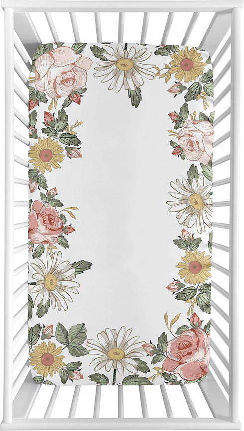 Sweet Jojo Designs Vintage Floral Boho Girl Fitted Crib Sheet - Blush Pink, Yellow Green Shabby Chic Rose Flower