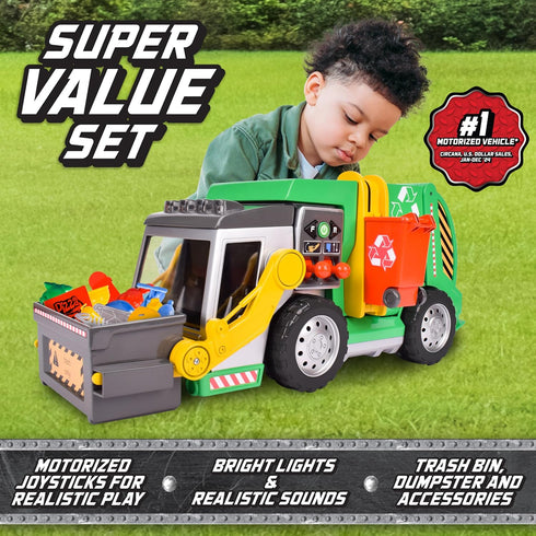 19" Set Maxx Action Large Motorized Maxx Action Garbage Truck Toy with Lights and Sound Includes Dumpster, Trash Bin