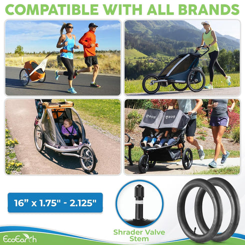EcoEarth Inner Tube Tire Replacements, 2 Pack, 16” x 1.5/1.75/1.95/2.125 for Kids Bike & Jogging Stroller