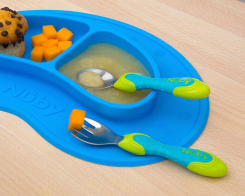Nuby 2 Piece Stainless Steel Utensil Set, Blue/Green, 2 Count