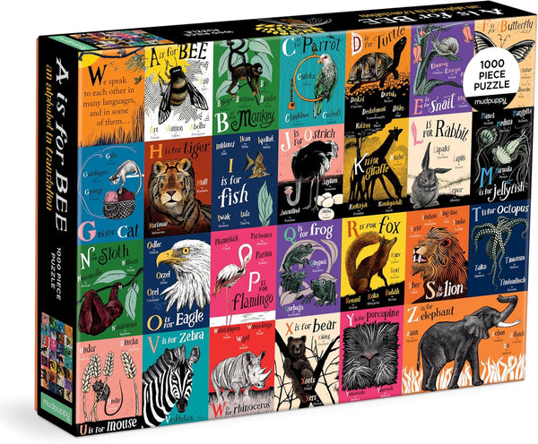 Mudpuppy A is for Bee: an Alphabet in Translation – 1000 Piece Family Puzzle with Unique and Colorful Illustrations of Animals in Different Languages for Children Ages 8 and Up