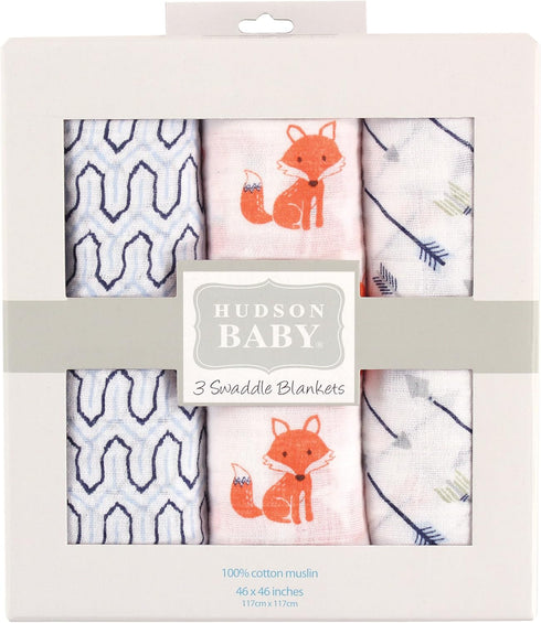 Hudson Baby Unisex Baby Cotton Muslin Swaddle Blankets, Foxes, 3-Pack by Hudson Baby