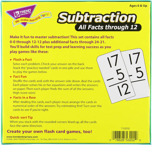 Trend Enterprises Subtraction All Facts Through 12 Skill Drill Flash Cards, 169 Cards Included