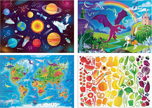 Chuckle & Roar 4 Pack Puzzles - Space, World Map, Fantasy, Food - 100 & 200 PC Jigsaw Puzzles