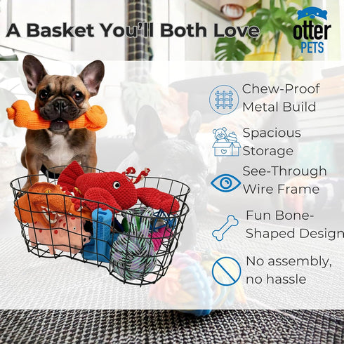 OtterPets 17 13 7 inches Metal Dog Toy Basket, Bone Shaped Indestructible Dog Toy Bin, Sturdy Dog Storage Organizer