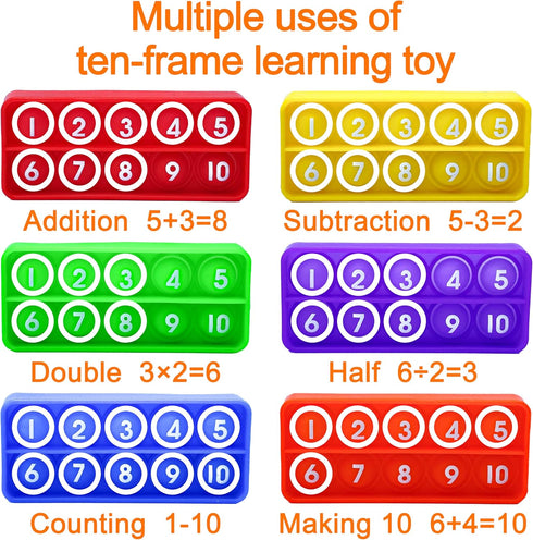 Ten Frame Pop Math Manipulatives - Set of 6 Silicone Fidget Toys for Kids 3-5, Educational Counting Toys