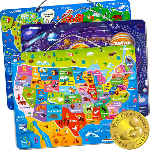 QUOKKA Magnetic Toddler Puzzles for Ages 3-5 - 3 Educational Travel Games - Space, USA, World Map Learning Toys for