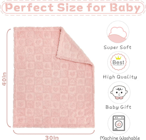Fleece Baby Blanket Heart Checkered - Ultra Soft Cozy Blankets for Girls Boys, Fluffy Infant Toddler Receiving Blankets