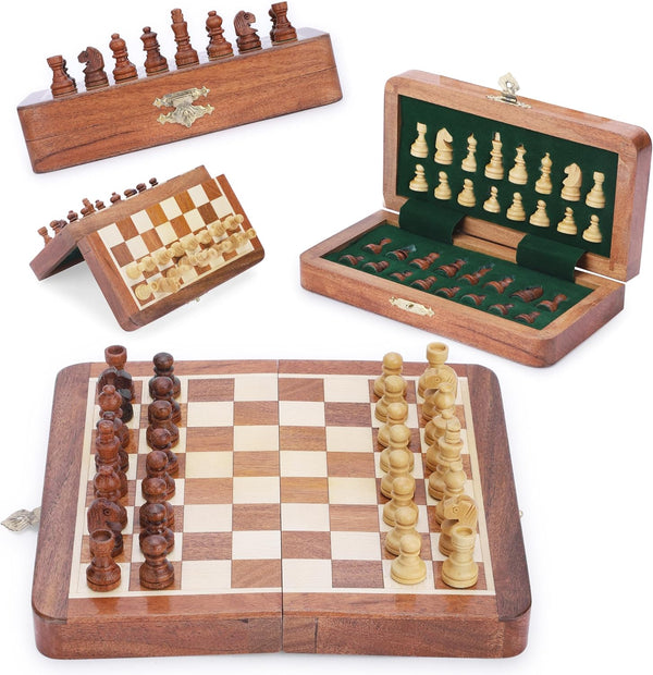 Ajuny Magnetic Travel Chess Set - Handcrafted Acacia Wood, Foldable Board with Elegant Storage