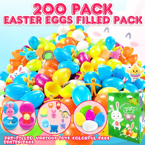 200 Packs LINAYE Prefilled Easter Eggs with Toys Inside - Pre Filled Stuffed Easter Eggs for Hunt, Basket Stuffers