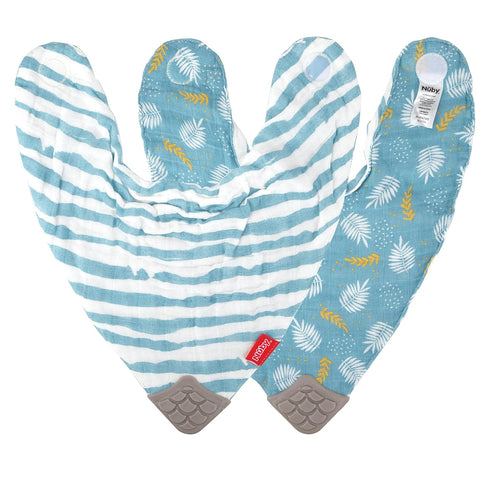 Nuby 100% Natural Cotton Muslin Bib, 2-Pack, Bib with Teething Corner, 3+ Months, Zoo