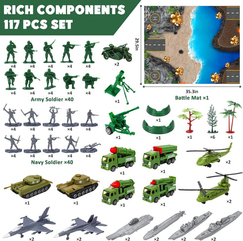Playset 117 Set 4-12, Kusntin Army Men Pcs Military Toy Soldiers with Action Figures, Battle Mat, Tanks, Helicopter