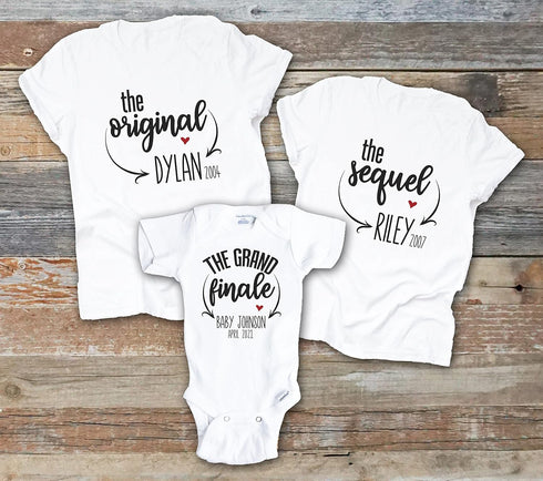 Original Sequel Finale, Third Baby Announcement, Kids Shirts Announcing Pregnancy, Oldest Middle Youngest Multiple