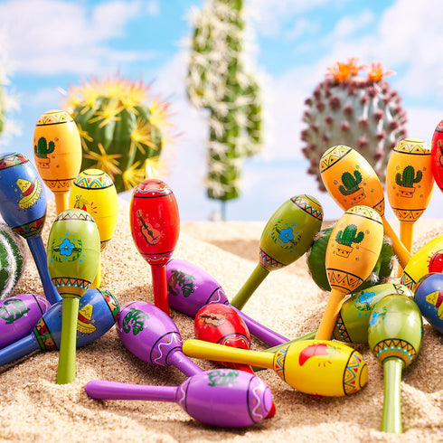 JOYIN 24 Mini Wooden Fiesta Maracas, 6 Designs Noisemaker for Mexican Fiesta, Birthday Parties, Luau Party Favors