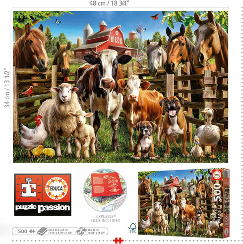 Educa - Farmyard Buddies 500 Piece Jigsaw Puzzle, Glue Included, Completed Image 18.9" x 13.4", Ages 14+