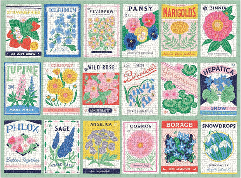 Galison Ever Upward – 1000 Piece Puzzle Fun and Challenging Activity with Bright and Bold Artwork of Vintage Style Flower Seed Packets for Adults and Families