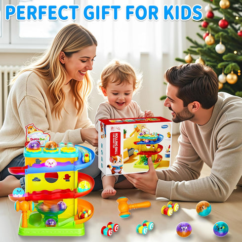 2-in-1 Hammer 1 2 3 4 5+Year Funwee Rolling Ball & Racing Car Ramp Toy for Toddlers, Race Track Lights Ball Drop