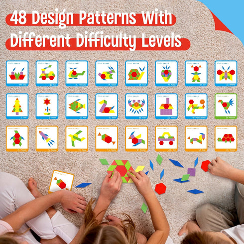 155 PCS Wooden Pattern Blocks Set, 24 Double-Sided Design Cards for Montessori Learning Toys