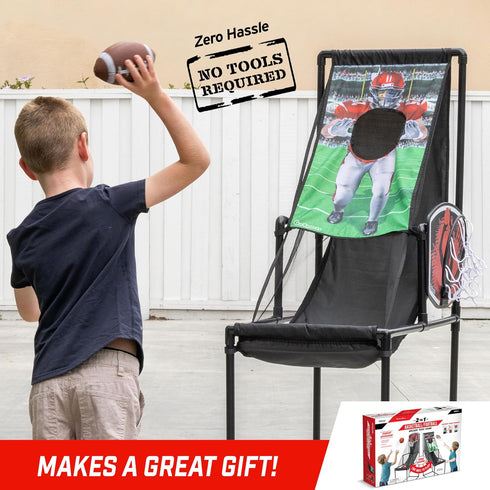 GoSports 2 in 1 Basketball Hoop & Football Toss Target Arcade Game for Kids Ages 3-6 - Indoor & Outdoor Toy Includes 2