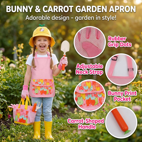 Set 3-8, Kids Gardening Outdoor Tools with Adorable Sun Protective Hat & Bunny Apron, Carrot-Shaped Shovel Rake Trowel