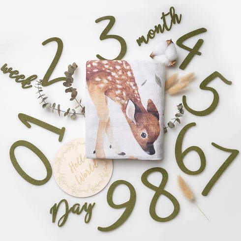 100% Organic Cotton Muslin Monthly Baby Milestone Blanket with Wooden Hello World