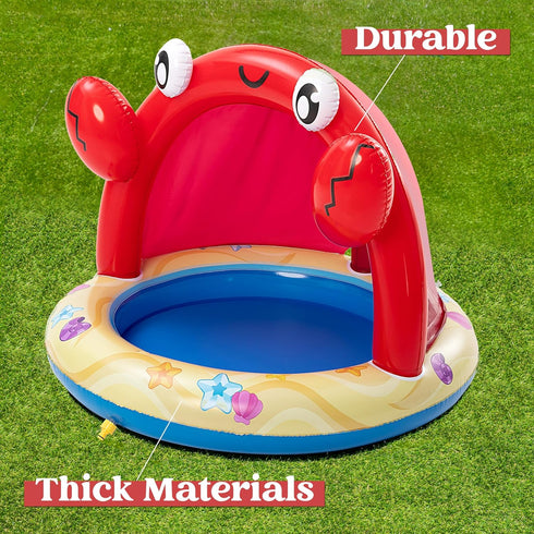 Summer Sloosh Baby Pool Toddler Sprinkler, Crab Splash Pool with Canopy, Baby Wading Pool Inflatable Sprinkler