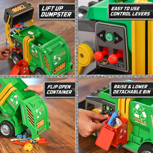 19" Set Maxx Action Large Motorized Maxx Action Garbage Truck Toy with Lights and Sound Includes Dumpster, Trash Bin