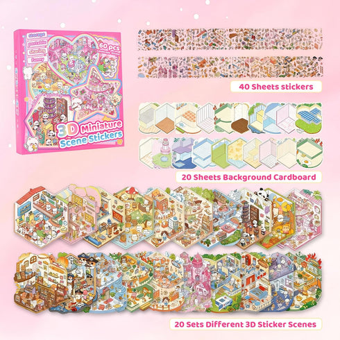 20 Sets 3D Sticker Scene Craft Kit Adult Creative Relaxation Activity,Build Decorative Miniature House & Landscape