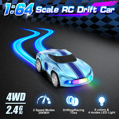1/64 4WD 6 7 8-12, RC Drift Car, Mini Drift RC Cars Micro Remote Control Car with LED Lights and Speed Switch, Ideal