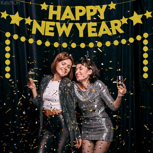 KatchOn Gold Happy New Year Banner - Pre-Strung 10 Feet Banner, 13 Feet Garland for 2025 Party Supplies