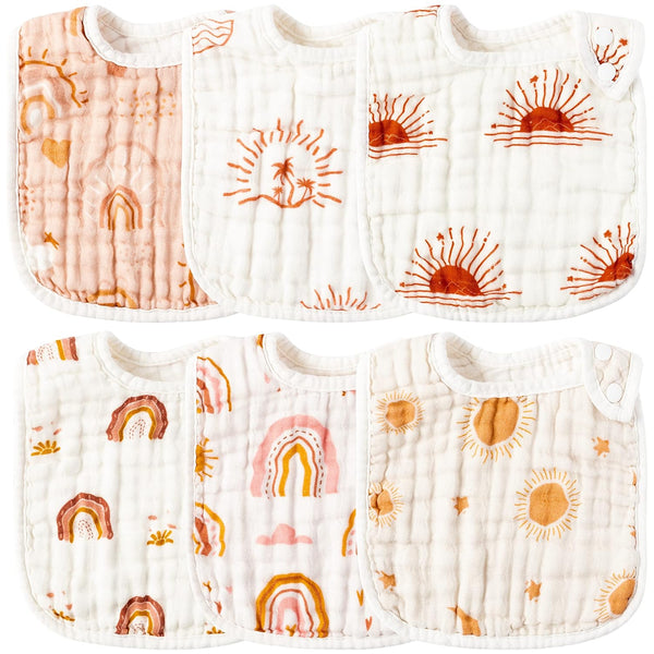 Zainpe 6Pcs Adjustable Snap Muslin Cotton Bibs for Baby, Unisex Burp Cloths with 6 Absorbent Soft Layers for Teething