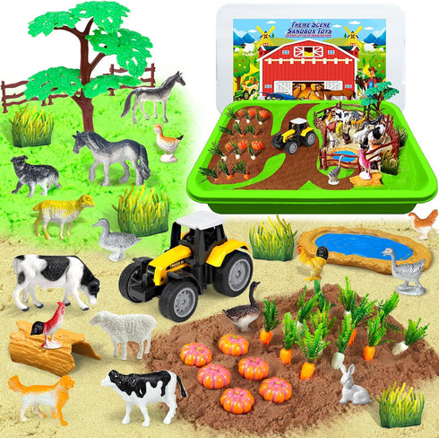 Bloolilies Sensory Bin, 59 Pcs Farm Sensory Sand Box Kits with Sandbox