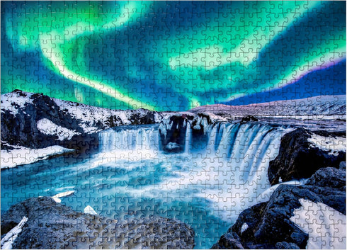 MyPuzzle Northern Lights Over Godafoss Waterfall in Iceland Premium 500 Piece Jigsaw Puzzle for Adults