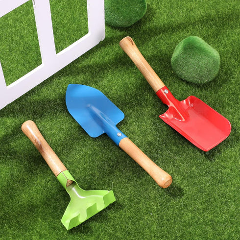 9 Set, Tarpop Pcs Kids Gardening Tools Metal Kids Yard Tools with Sturdy Wooden Handle Safe Children Beach Sandbox Toy