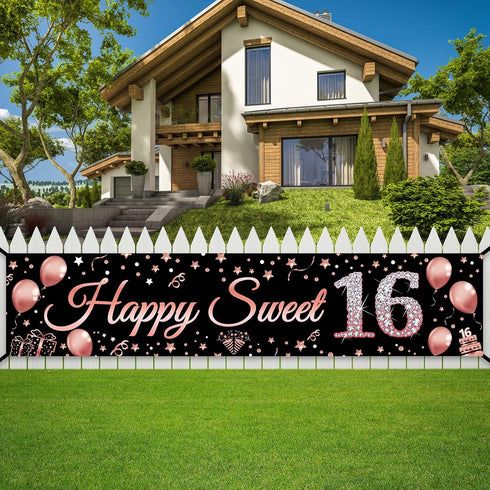 16th Birthday Decorations, Rose Gold Happy Sweet Sixteen Banner Party Supplies for Girl's 16 Year Old
