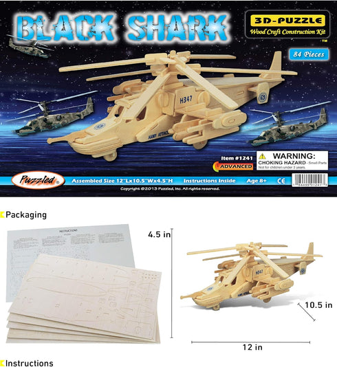 Puzzled 3D Puzzle Black Shark Helicopter, Educational DIY Wooden Toy Construction Model Kit for Crafting Hobby
