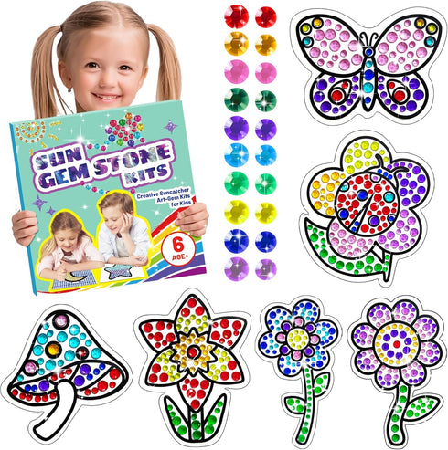 Atydkug Window Gem Art Diamond Kits for Kids, 6 Sheets Flowers Painting Kits for Birthday Party Gifts