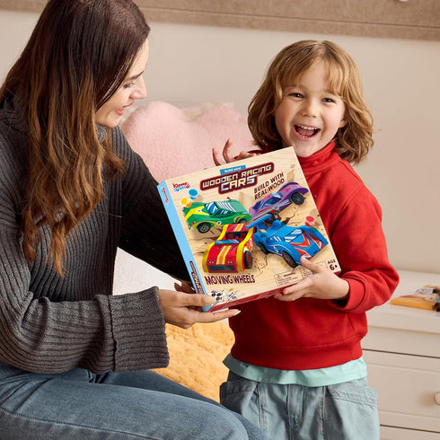 Klever Kits 4 DIY Wooden Race Cars, Build & Paint Your Own Craft Kit, Easy to Assemble Birthday Presents for Kids