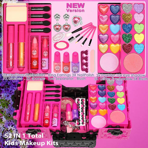 52 4-12, Kids Makeup Kit for Girl - PCS Safe and Washable Makeup for Kids, Real Girls Makeup Kit, Toddler Makeup Kit