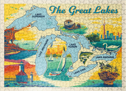 MyPuzzle The Great Lakes Illustrated Map and Landmarks - Premium 500 Piece
