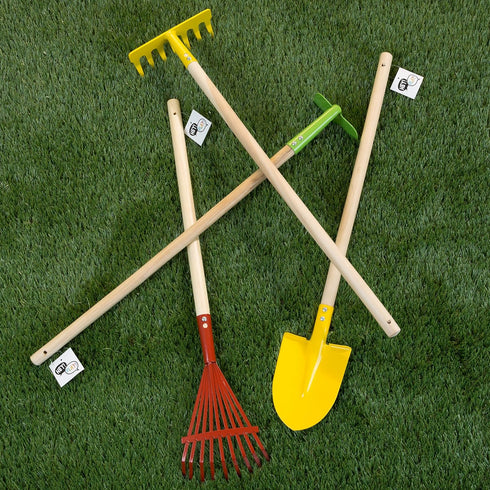Set 4-Piece HEY! PLAY! Kids Gardening Mini Garden Tools with Wood Handles Child-Sized Shovel, Rake, Hoe, and Tined Hoe