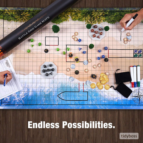 Set 3 24x 36 6 Tidyboss DND Starter | X Double Sides Game Grid Mat | Terrains Includes Dry Erase Markers, Eraser, Dice