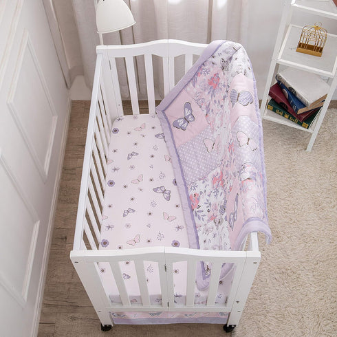 Set 3 Set La Premura Baby Mini Crib Bedding for Girls, Pastel Purple Butterfly, Piece Crib for Nursery Portable Crib